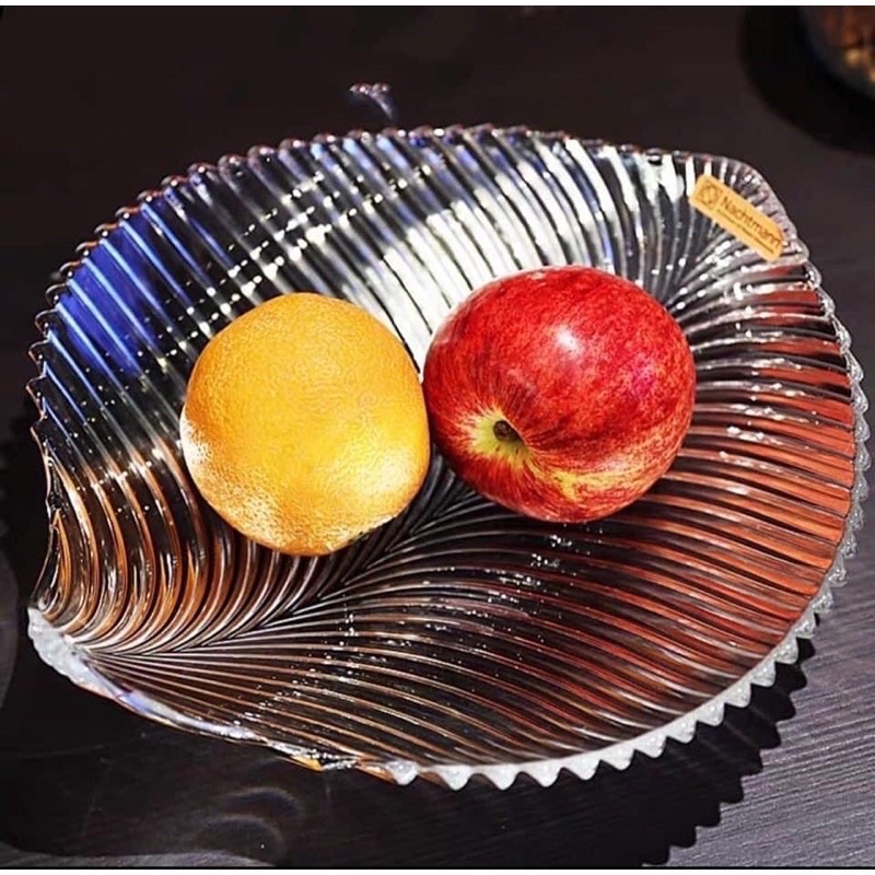 Đĩa thuỷ tinh hình chiếc lá đựng hoa quả bánh kẹo (màu vàng và trắng)