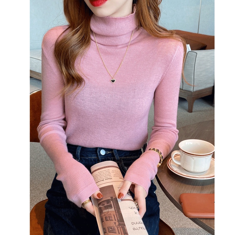 Áo Sweater Dệt Kim Tay Dài Cổ Lọ Màu Sắc Đơn Giản