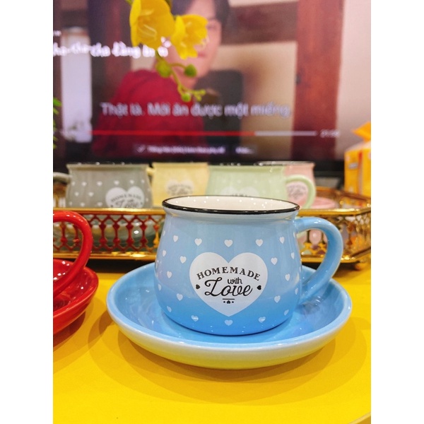 Set tách đĩa cafe hoạ tiết chấm bi