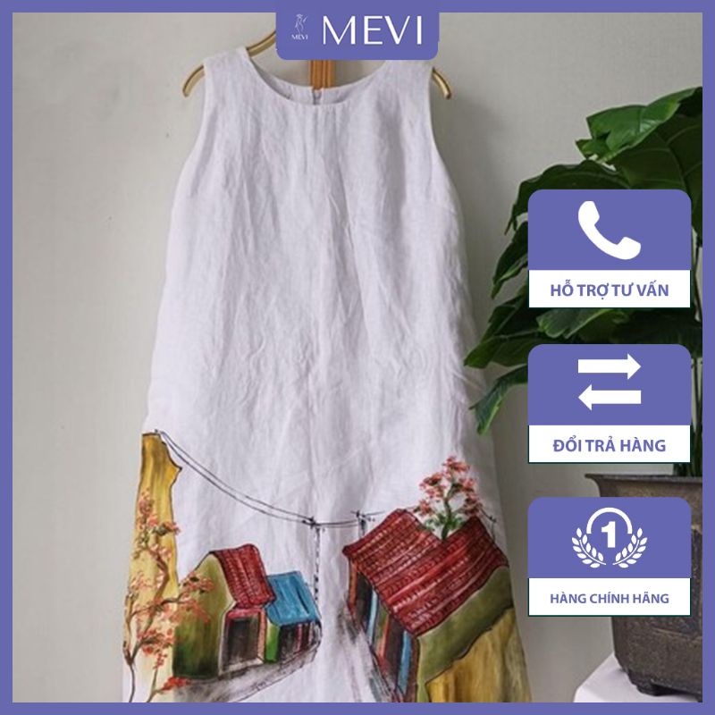 Váy trắng dáng suông tay áo sát nách in hình chất liệu linen nổi bật MEVI _V9206