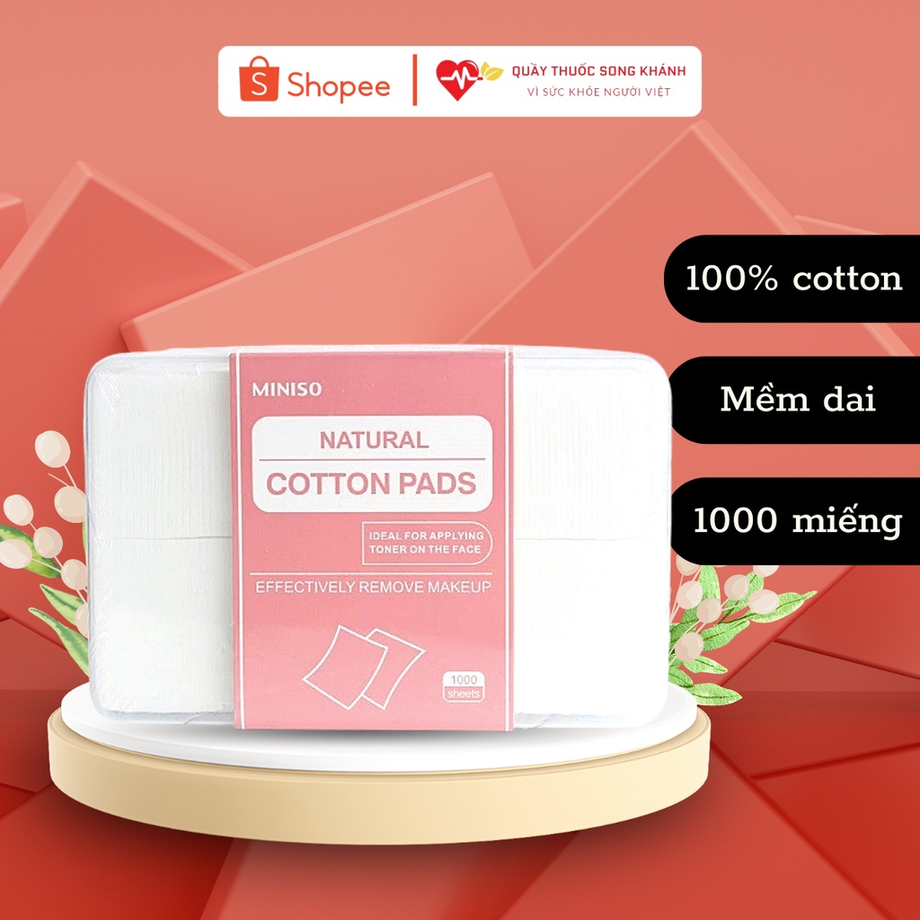 Hộp bông tẩy trang miniso 1000 miếng nhập khẩu từ Nhật vô cùng mềm dai và không gây kích ứng da