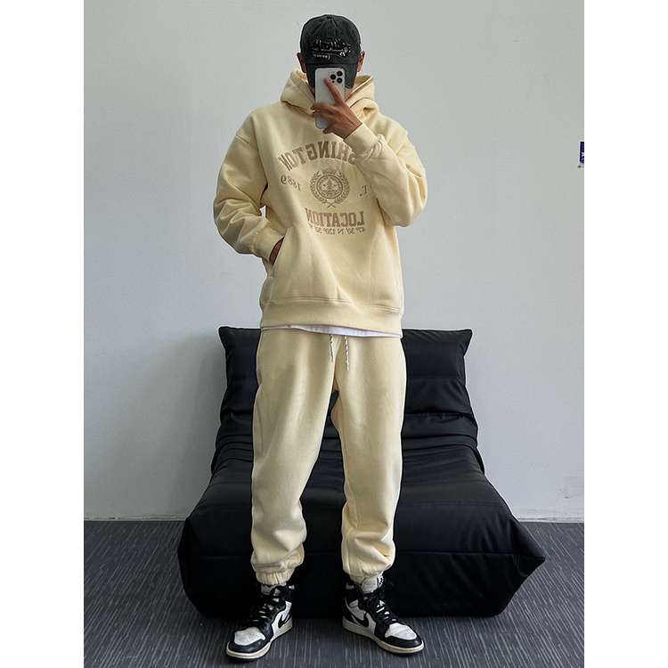 Bộ Nỉ Hoodie Be Phối Mũ 2 Lớp Kèm IN 5D Chìm Cao Cấp, Nỉ Ngoại Dày Dặn Thoải Mái