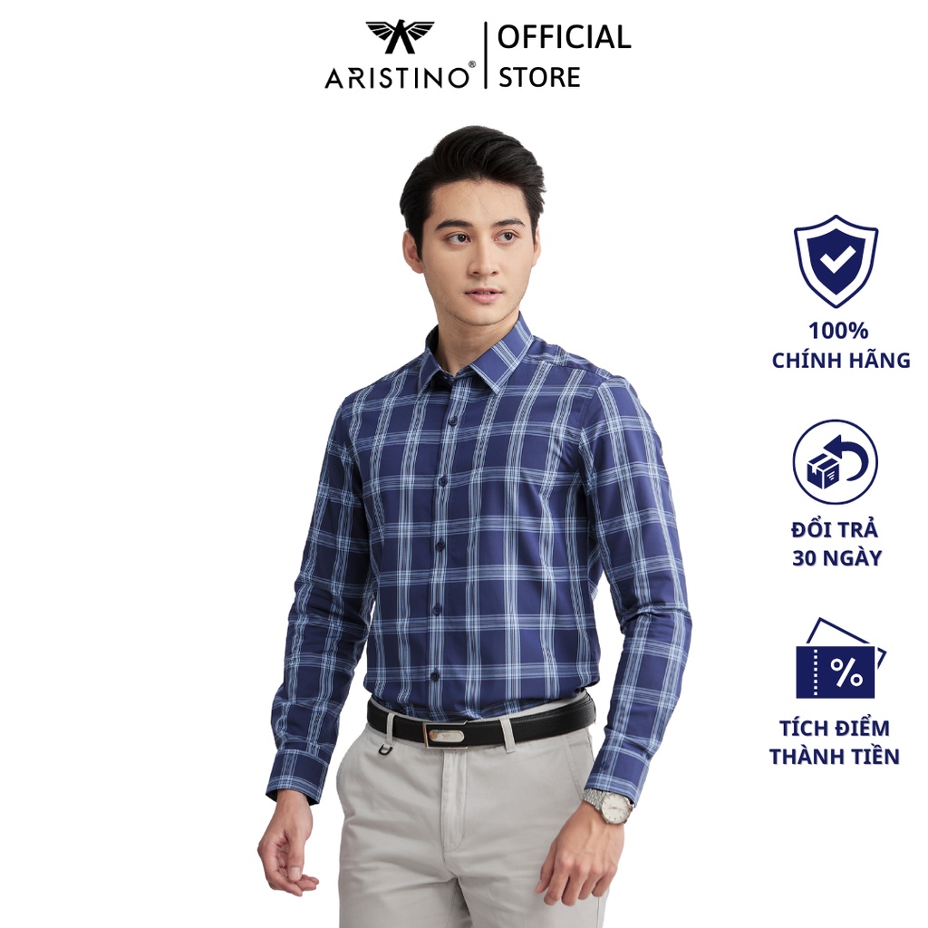 Áo sơ mi nam dài tay ARISTINO dáng Slim fit ôm vừa, họa tiết kẻ xanh tim than tinh tế, lịch lãm - ALS12402