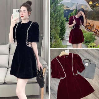 Váy nhung dáng xòe tay bồng phối viền nhũ khoét eo cá tinh