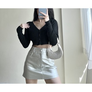 Len croptop - Chân váy chữ A xám