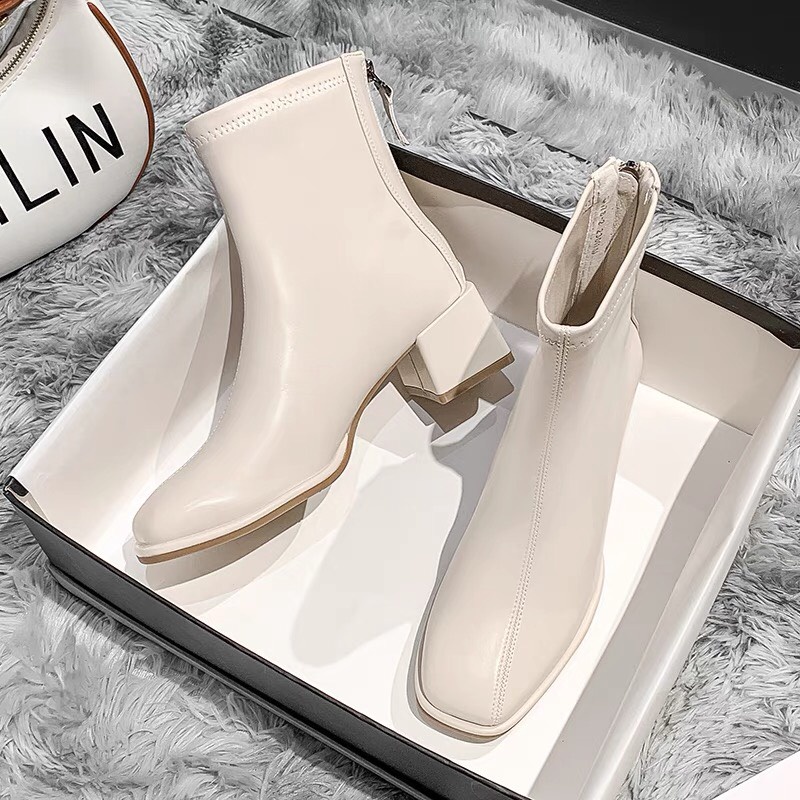 Giày Boots da mềm lót nỉ khóa sau cao cấp boot mũi vuông boost lửng thời trang đế 5 cm hot hit