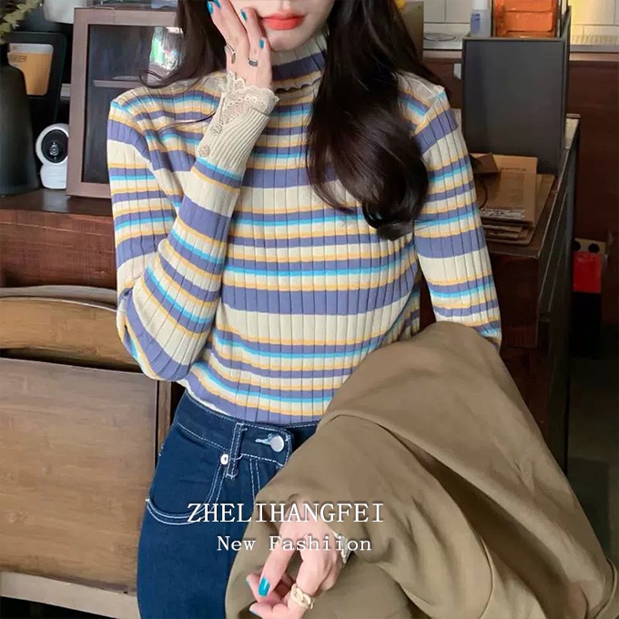 Áo len ZHELIHANGFEI tay dài cổ lọ họa tiết sọc theo phong cách phương Tây dễ phối đồ