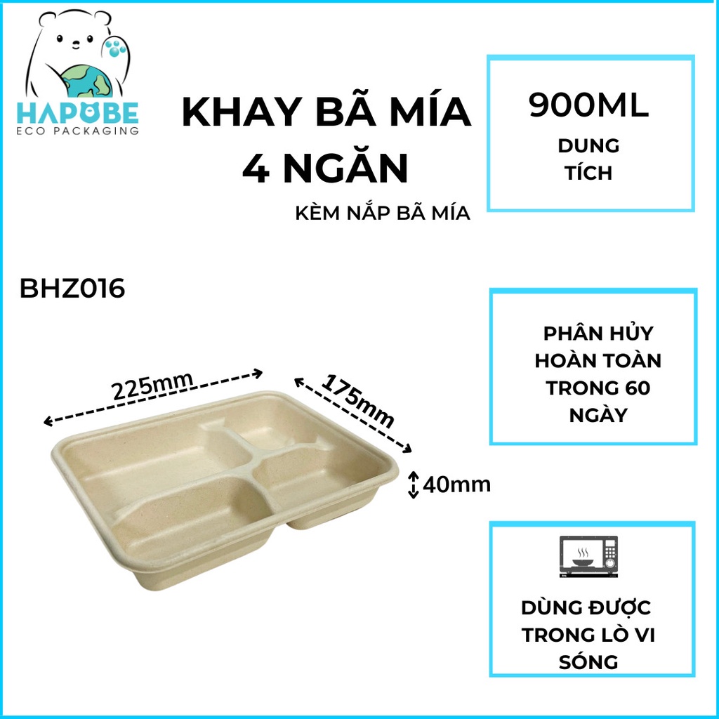 Combo 50 chiếc khay bã mía 4 ngăn 900ml BHZ016 màu nâu kèm nắp