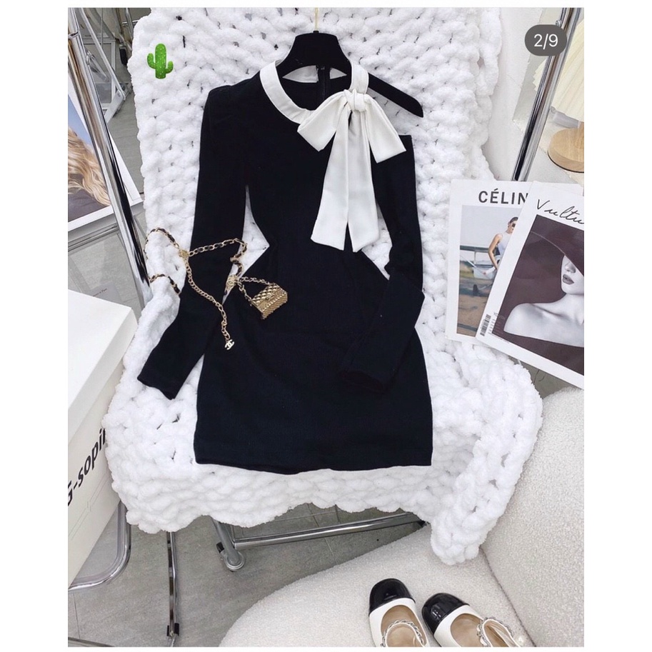 Đầm body tay dài hở 1 bên vai viền nơ trắng tiểu thư cực sang