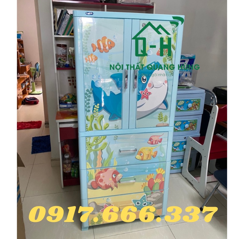 TỦ NHỰA DUY TÂN 2 CÁNH 3 NGĂN KÉO 1M6X70X50CM MÀU XANH DƯƠNG HÌNH CÁ HEO