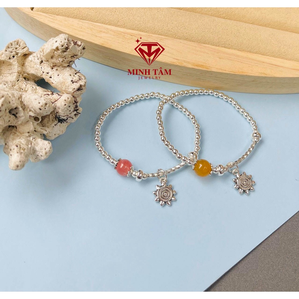 Lắc tay bi bạc charm mặt trời bạc 925 mix đá thiên nhiên theo mệnh cho bé Minh Tâm Jewelry