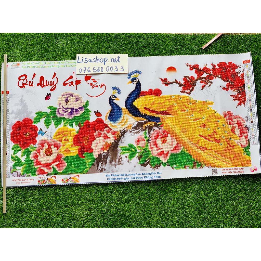 Tranh đính đá PHÚ QUÝ CÁT TƯỜNG đã đính thành phẩm 100x50cm đã đính sẵn df327