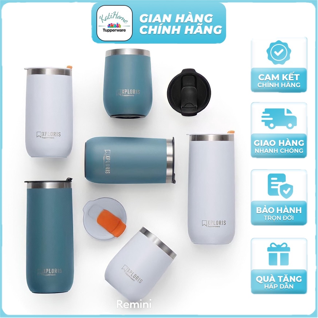 Ly giữ nhiệt nóng lạnh đá cà phê, nước ép, canh súp có túi xách Xploris Tupperware 230ml 350ml 470ml màu xanh trắng