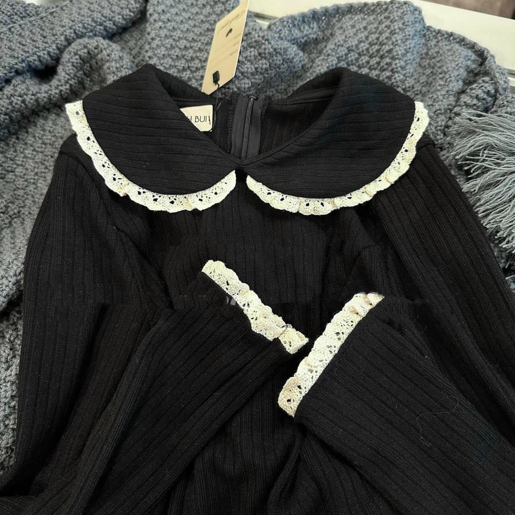 đầm nhung xòe nhẹ tay dài cổ bẻ bo viền hot