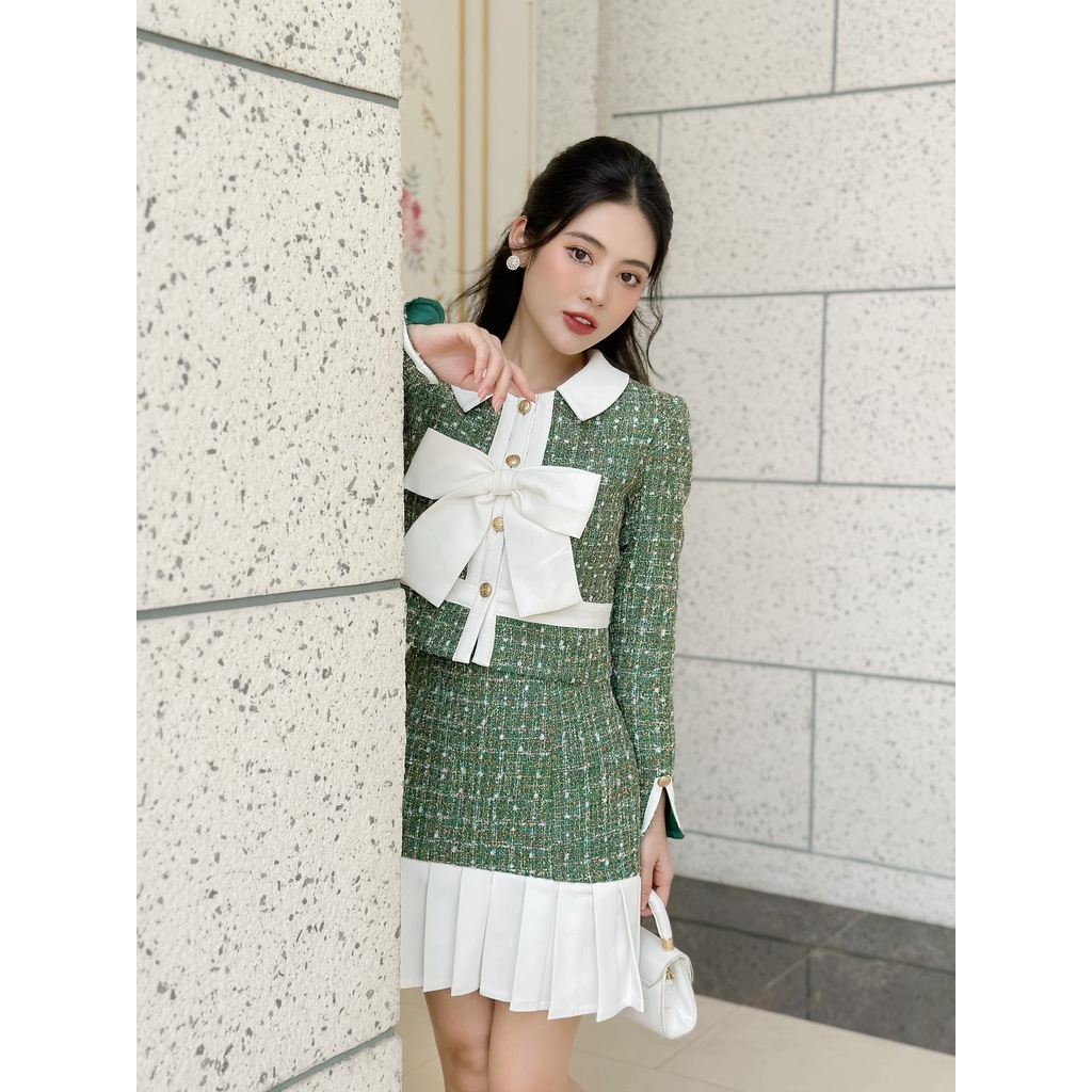 Váy dạ tweed kèm áo dạ dày dặn 2 lớp YS101 Haruna Dạ Xanh YAME