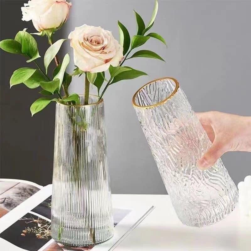 Bình hoa lọ hoa thủy tinh viền vàng cao cấp cắm hoa trang trí nội thất phòng khách