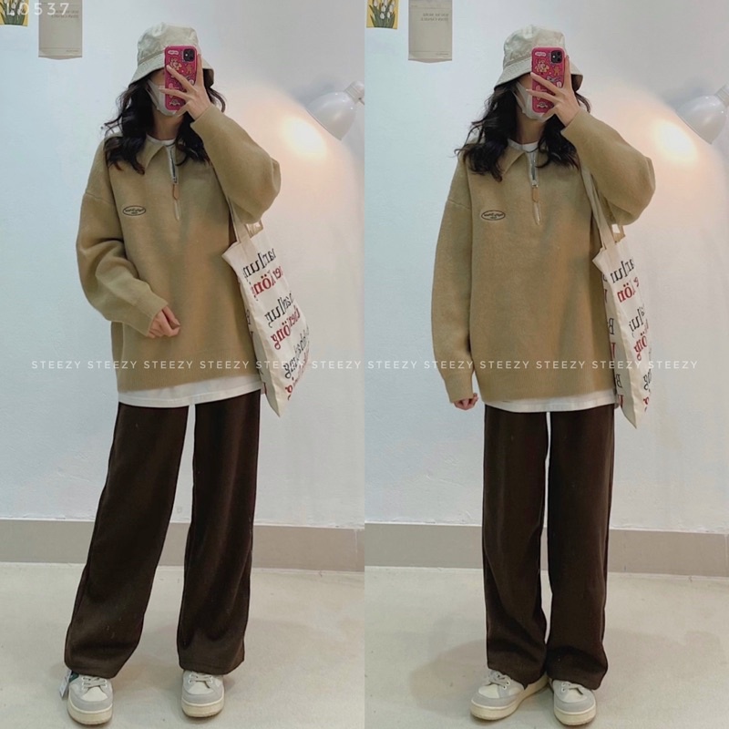 Áo len polo cổ khóa thêu chữ PRUGBY SCHOOL form rộng