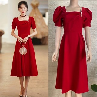 [Ảnh thật]🍒Đầm dự tiệc xoè vai phồng cổ viền hạt ngọc S.MLXL