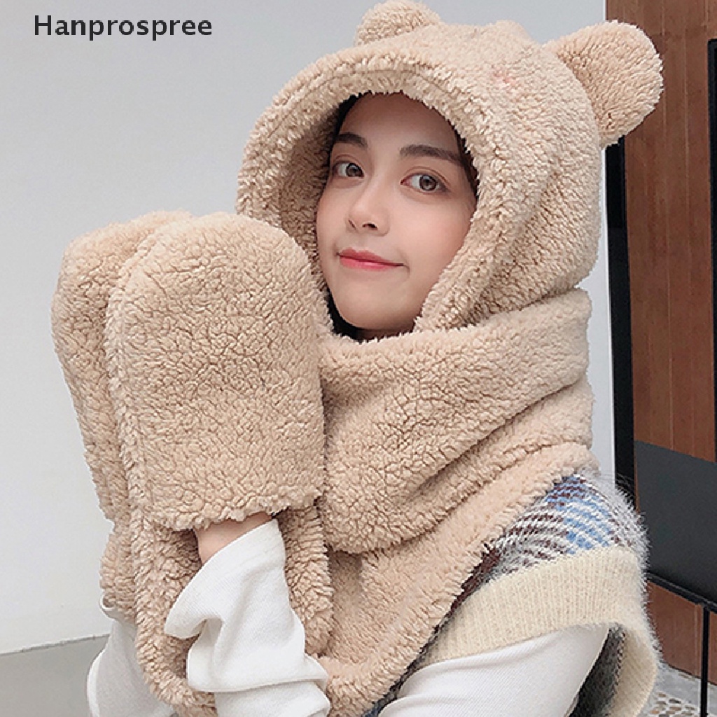 Hanprospree > Set Mũ Beanie Và Khăn Choàng Cổ Tai Gấu Bằng Vải Lông Cừu Màu Trơn Ấm Áp Mùa Đông Giản Dị Dành Cho Bạn Nữ