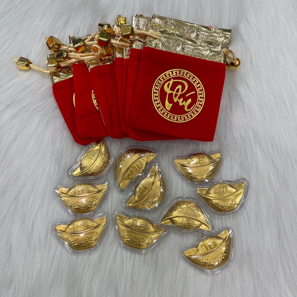 Combo 10 Thỏi Vàng Phong Thuỷ Kèm Túi Gấm, Dùng Để Lì Xì, Phát Lộc Ý Nghĩa