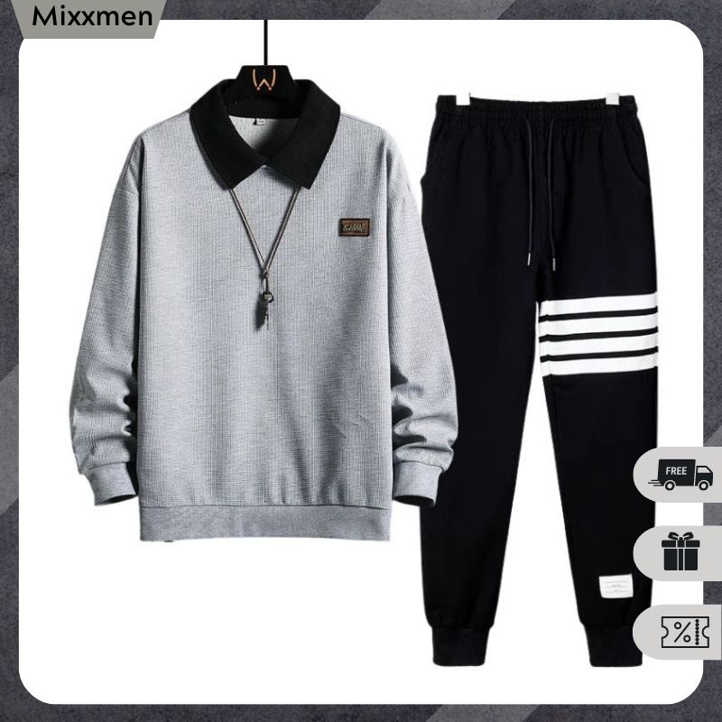 Set Bộ Đồ Áo Nỉ Nam Thu Đông Dài Tay Cổ Polo Phối Quần Dài Kẻ Ngang Thời Trang Mixxmen TOP NAM 248 + QUAN NAM 102