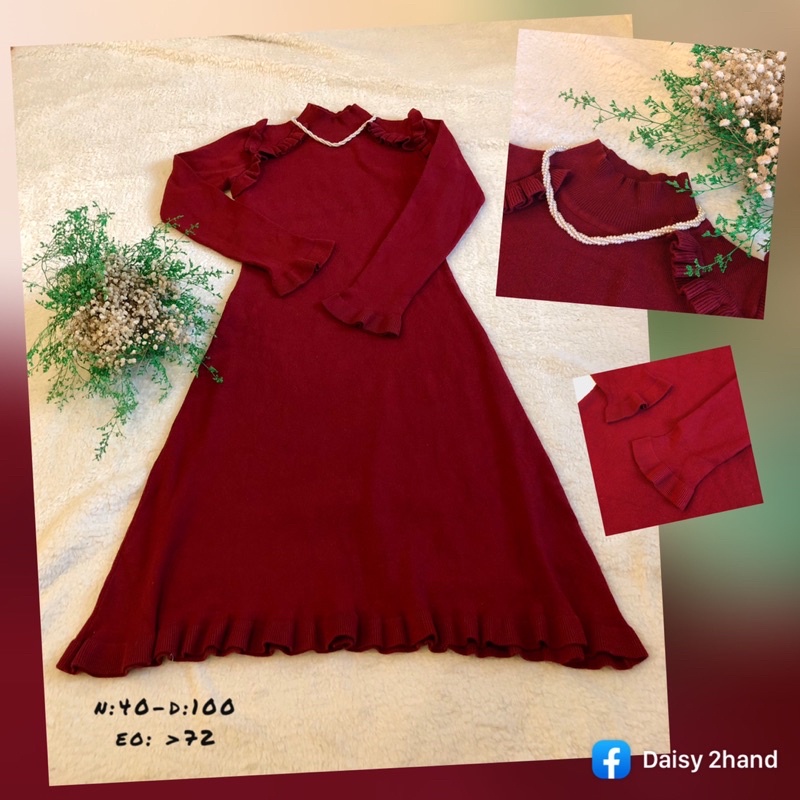 Váy 2hand - Váy len dáng xòe màu đỏ đô