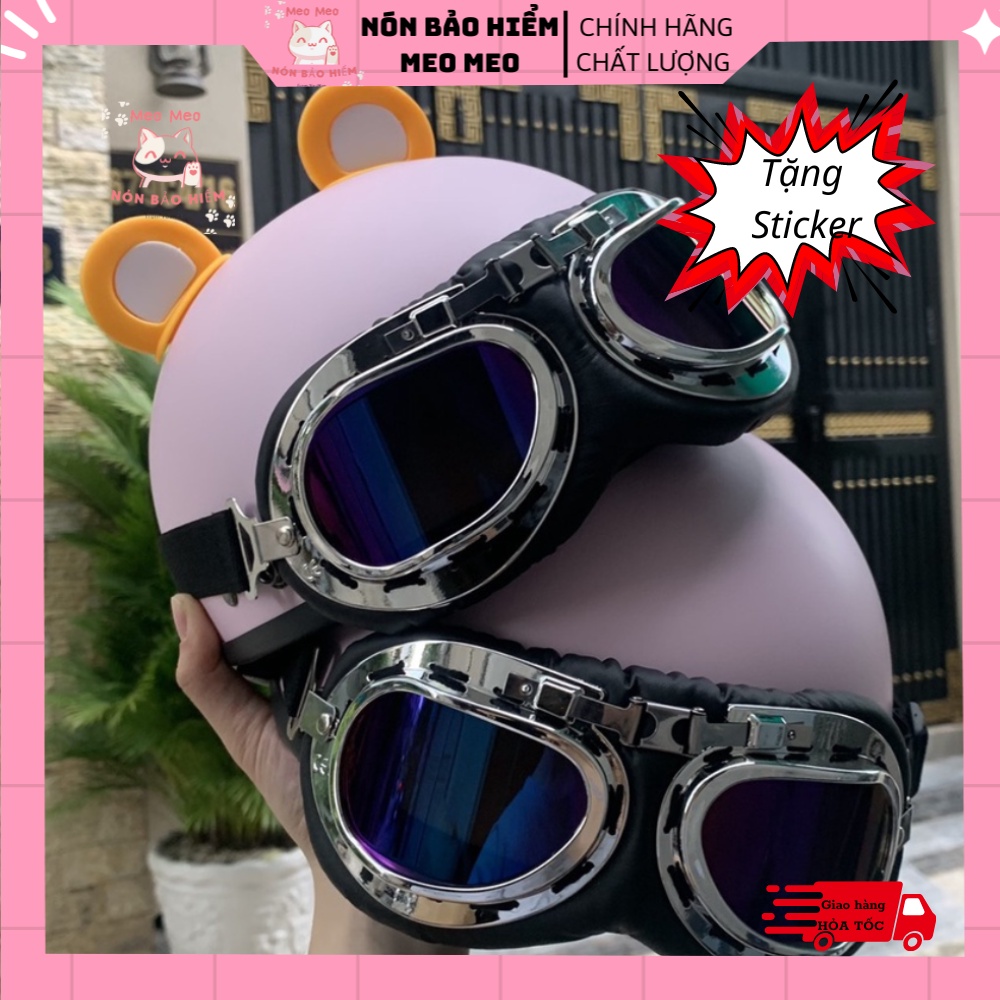 Mũ Bảo Hiểm Nửa Đầu Kính Phi Công Kèm Tai Gấu Cute, Nón Bảo Hiểm ½ Đầu Có Phụ Kiện Tai Gấi Kính Bọc Da