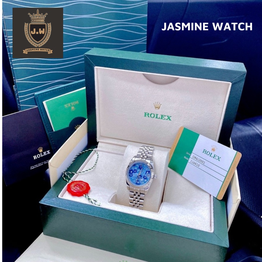 Đồng hồ đeo tay nữ, đồng hồ nữ ROLEX chính hãng dây kim loại, kính Sapphire size 32mm mặt xanh thời trang, viền cổ điển