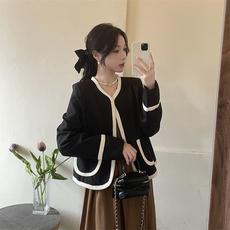 Áo Khoác dạ tweed nữ dài tay，Áo túi kiểu ngắn Siêu Sang Chảnh