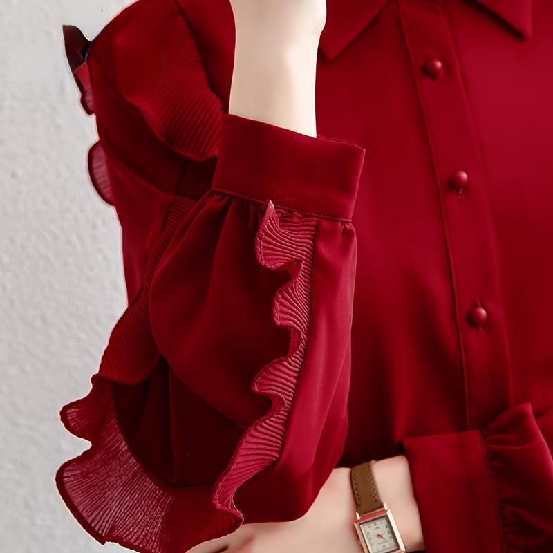 Áo Sơ Mi Chiffon Màu Đỏ Phối Bèo Thời Trang Mùa Xuân Kiểu Mới