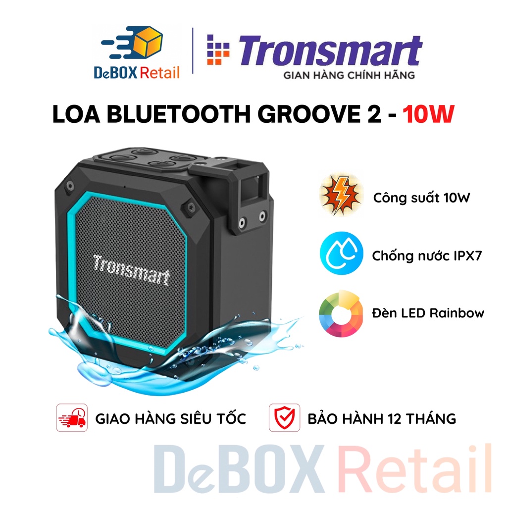 Loa Bluetooth Tronsmart Groove 2 Speaker Chống nước IPX7, Chế độ EQ Kép, LED Rainbow - Hàng chính hãng