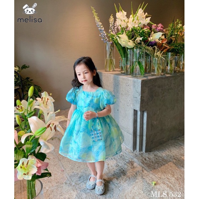 Đầm Melisa tay phồng màu xanh cực xinh cho bé