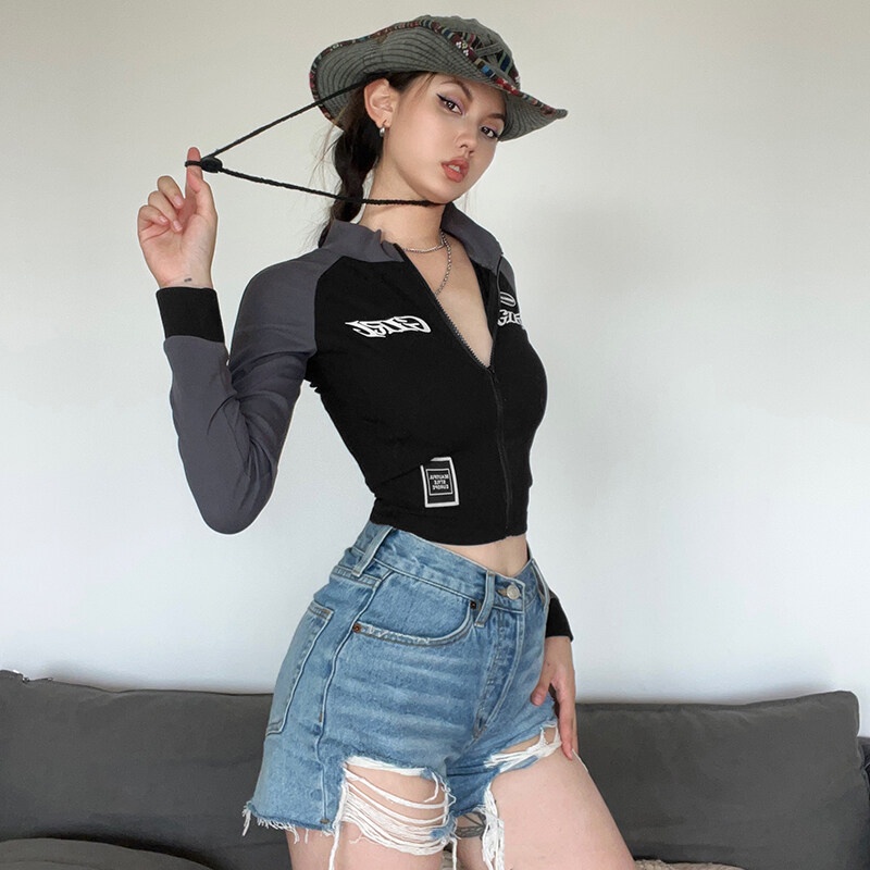 Áo kiểu WEIRD PUSS tay dài ôm dáng có khóa kéo in họa tiết chữ cái phong cách vintage cá tính dành cho nữ