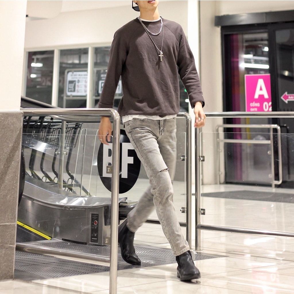 Quần bò nam rách gối slimfit co giãn màu xám pon.mens