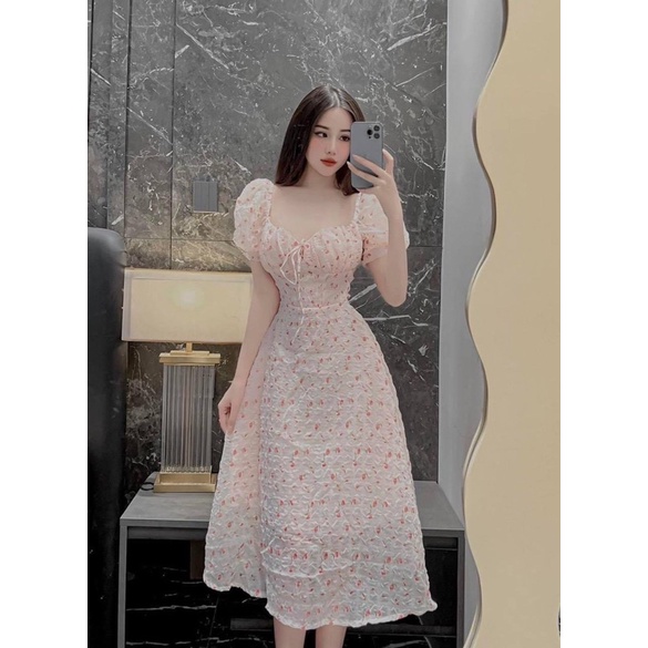 Váy Hoa Nhí Rút Ngực Xinh Xắn Tay Phồng