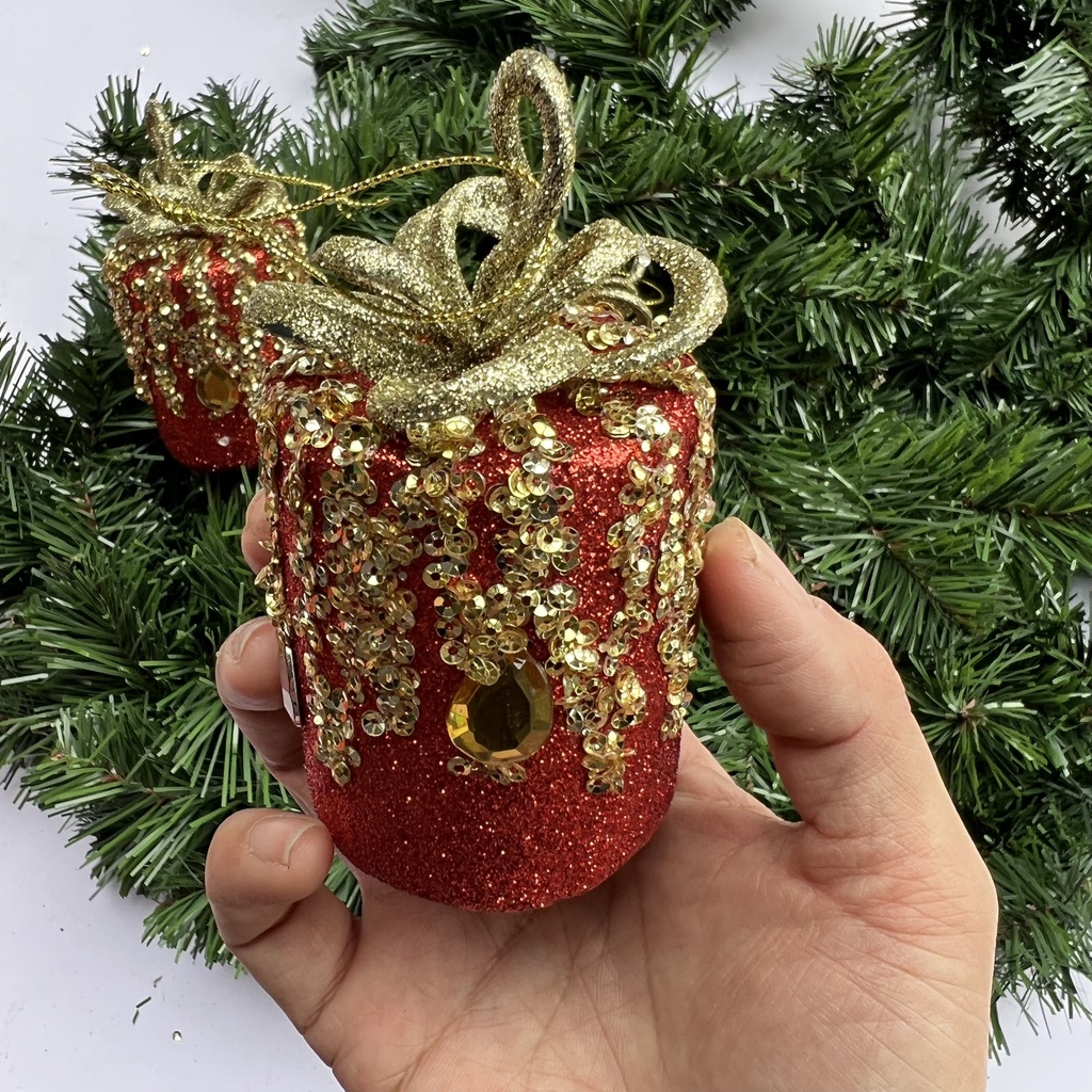 Combo 3 quả châu màu đỏ cam cao cấp hình trụ treo cây thông Noel trang trí vòng nguyệt quế Giáng sinh cao 11cm