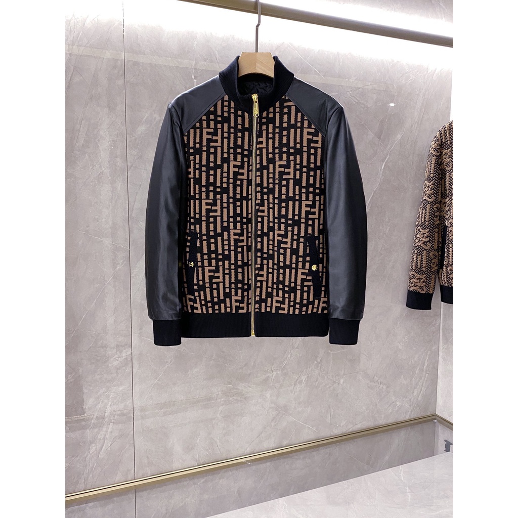 Áo khoác len phối da họa tiết chữ F thời trang cao cấp Fendi FD phong cách cá tính, đường phố
