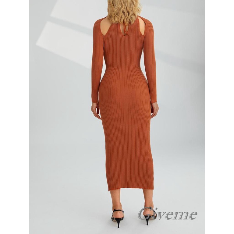 Đầm Dệt Kim Dài Tay Cổ Tròn Màu Trơn Thời Trang Nữ Tính