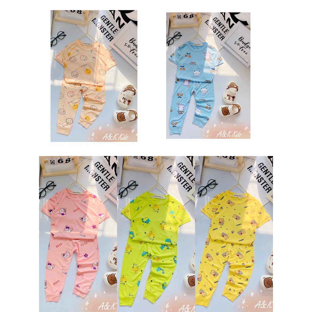 Bộ tay ngắn quần dài,lạnh minkey mịn mát in hoạt hình cho bé trai , gái size 8-30kg M.54