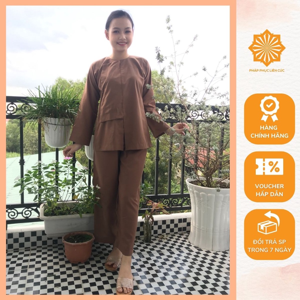 Đồ lam đi chùa nữ - Pháp phục mẫu vạt hò vải kate, bền màu không nhăn xưởng may Liên Cúc