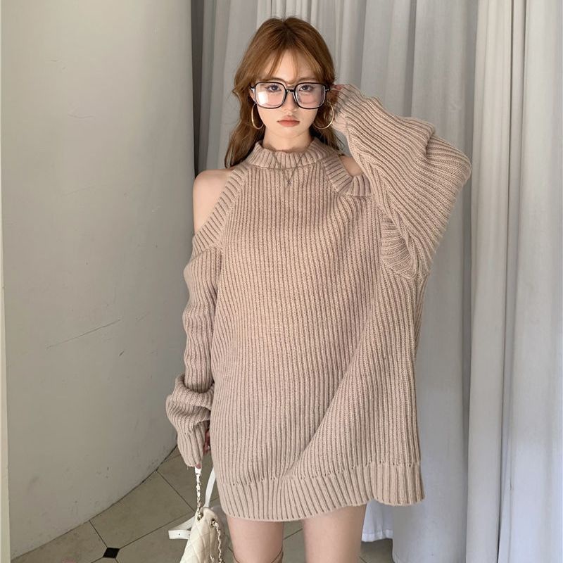 Half-turtleneck off-shoulder sweater women's autumn and winter design sense mid-length loose outerwear sweater top