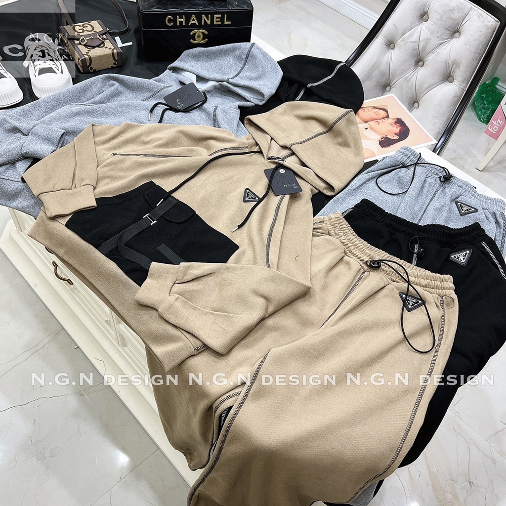 Bộ Prada nỉ nữ xốp cao cấp , Áo prada có mũ chùm hàng new 2022