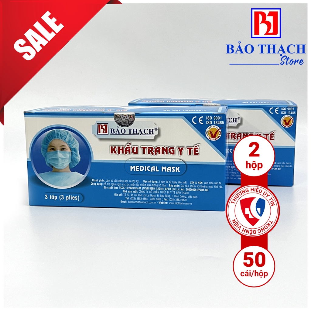 Combo 2 hộp khẩu trang Bảo Thạch 3 lớp xanh (hộp 50 cái)