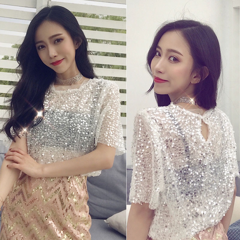 Glitz quyến rũ Trang phục hàng đầu dành cho nữ cỡ lớn Hàn Quốc Loose Sequin Lưới Áo thun AIXIN