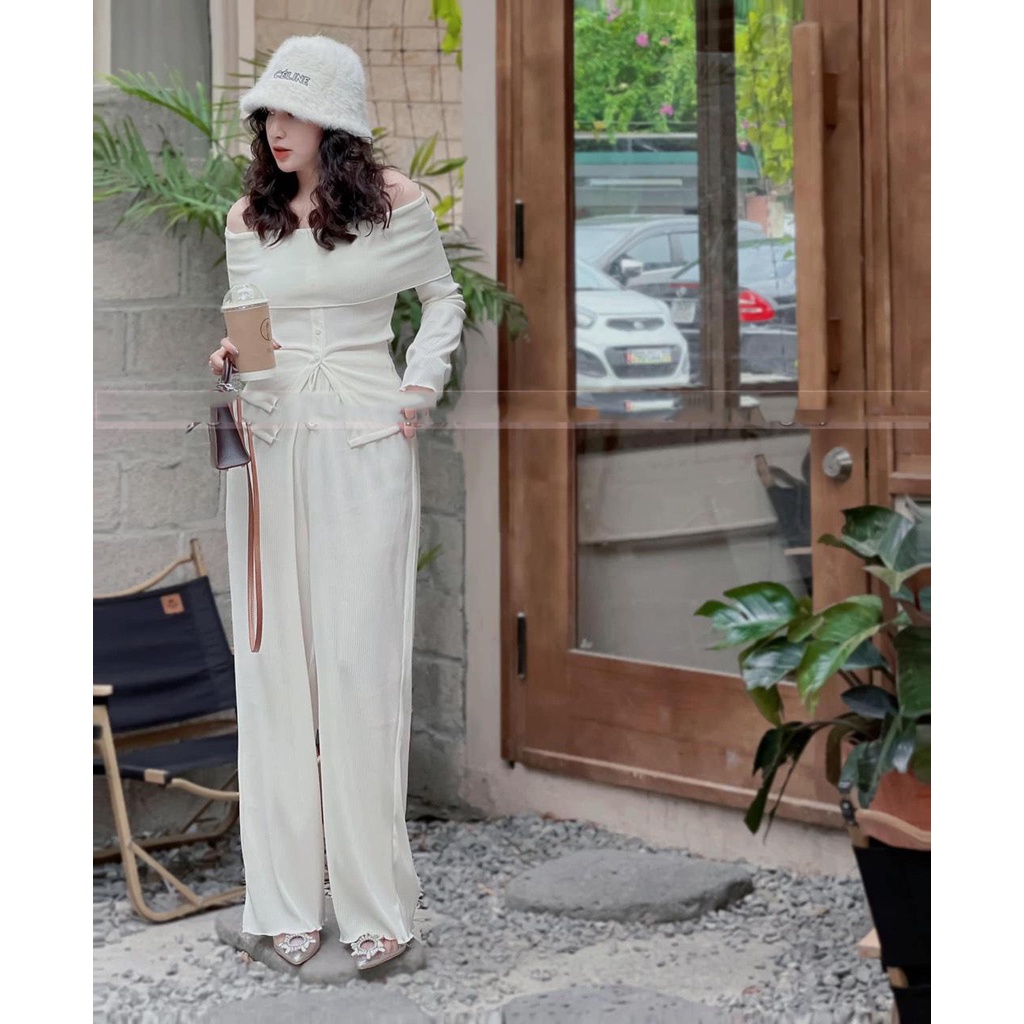 Set len trễ vai trắng kem mix quần ống suông  dài tay đồ bộ nữ MIVOSA  DB100 | BigBuy360 - bigbuy360.vn