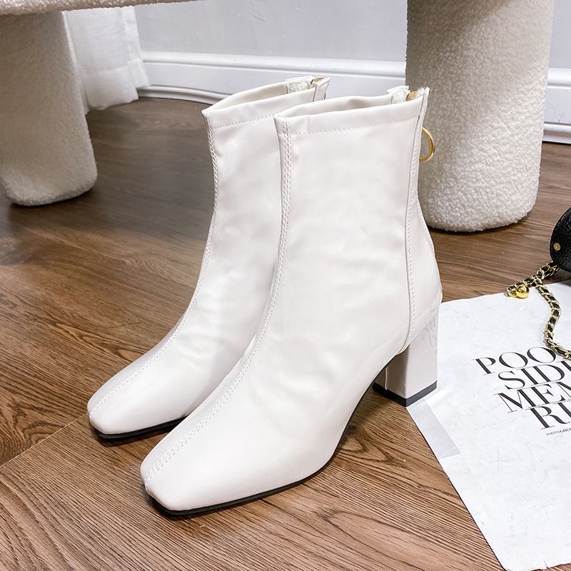 Giày Bốt Martin Da Bóng Gót Dày Mũi Vuông Phối Khóa Kéo Sau Kiểu Hàn Quốc Thời Trang Cho Bạn Gái