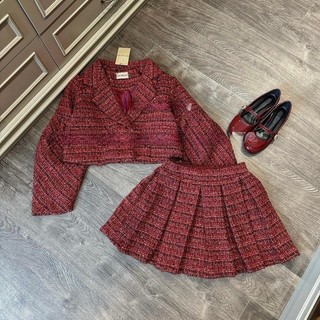 Set Dạ Đỏ Mix Chân Váy Xếp Ly