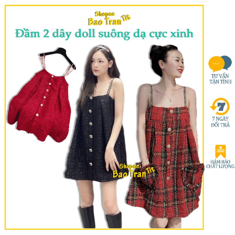 Đầm 2 dây babydoll suông chất dạ màu đen