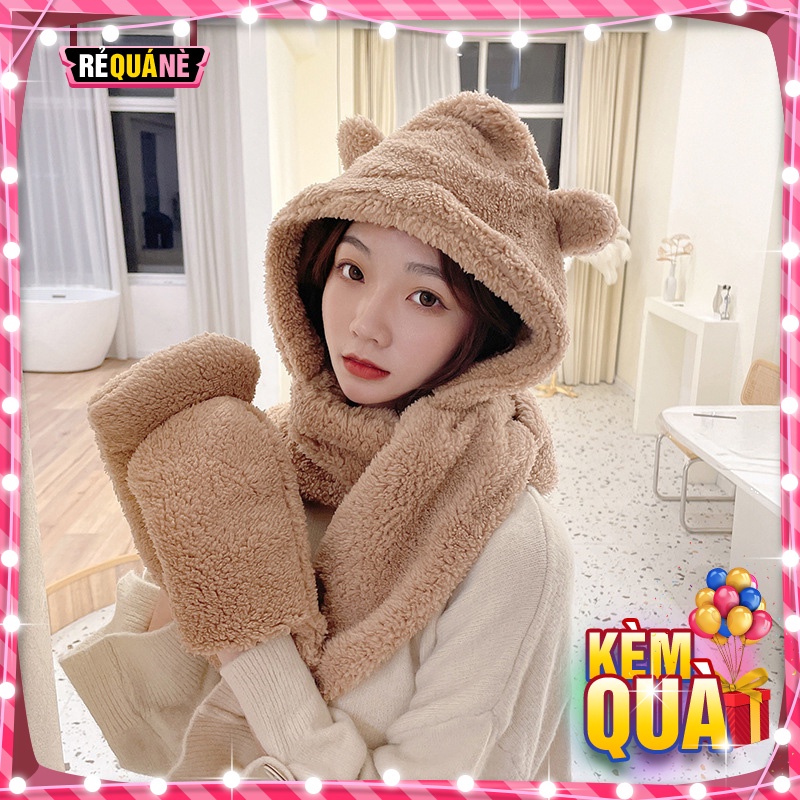 Nón Lông Quai Dài Làm Khăn Cổ Có Túi Giữ Ấm Tay Hình Gấu 3 IN 1 RQN2230