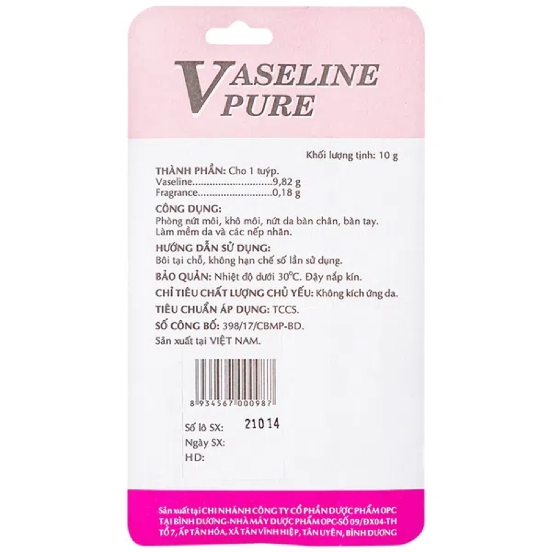 Tuýp dưỡng ẩm Vaseline Pure hương dâu OPC - 10gr